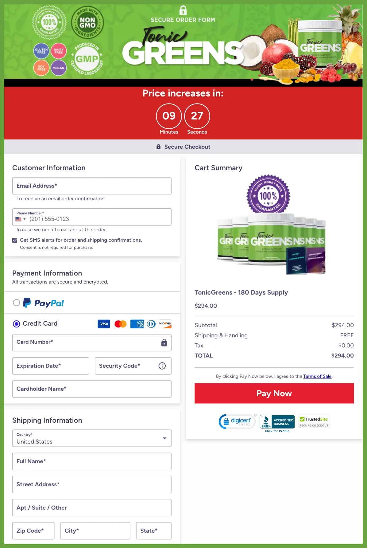 TonicGreens Official Website Secure Order Page